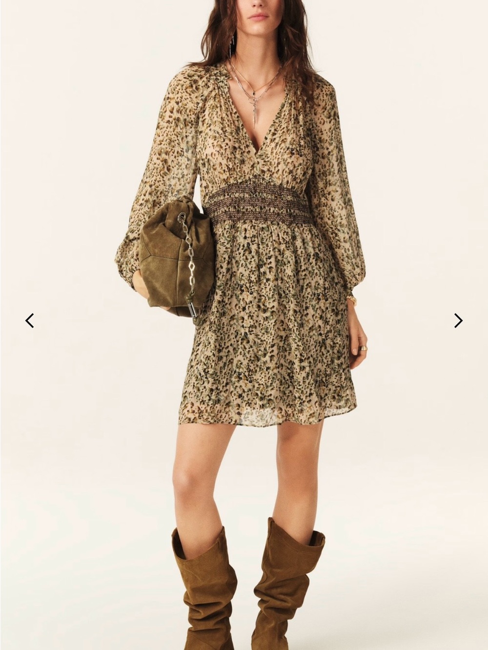 ba&sh Olive and Brown Floral V-Neck Smocked Mini Dress